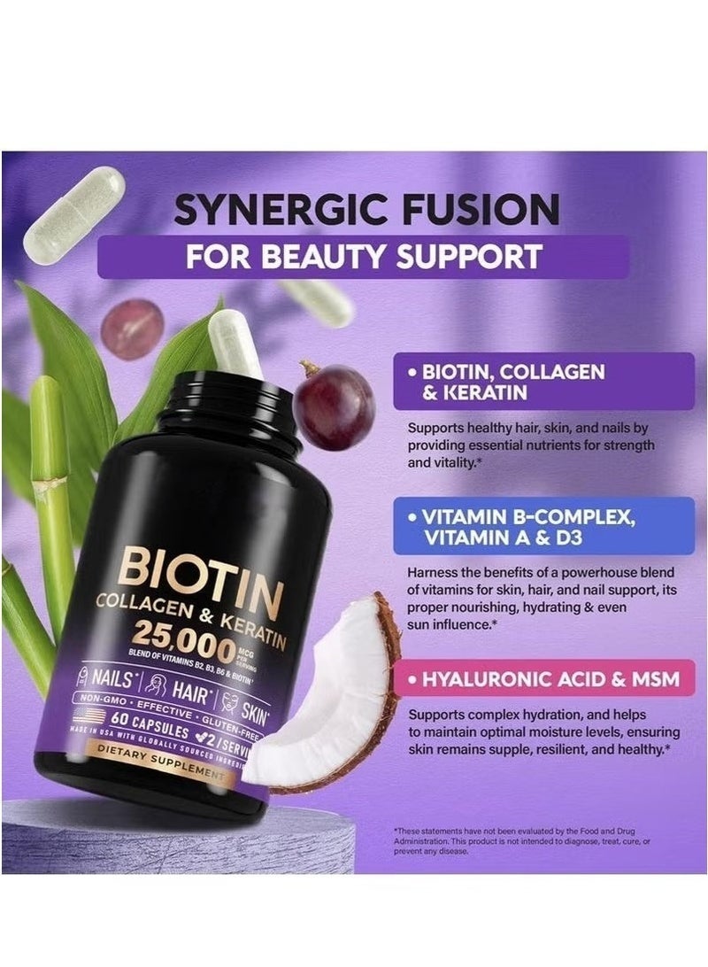 بيوتين مكمل بيوتين وكولاجين وكيراتين – 25000 ميكروغرام لدعم الشعر والبشرة والأظافر – بحمض الهيالورونيك وفيتامينات B2 وB3 وB6 وB7 – تركيبة مثبتة سريريًا للنساء والرجال – 60 كبسولة - Image 3